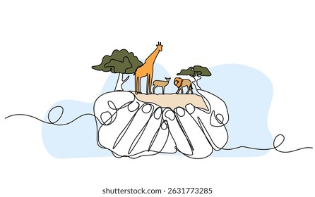 Vector illustration of animal life in the forest. Modern flat in continuous line style.