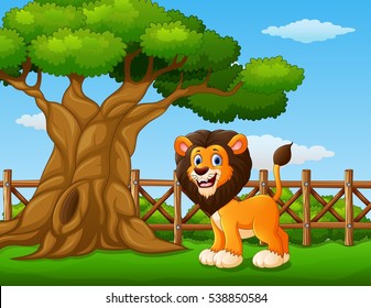Vector illustration of Animal lion standing beside a tree inside the fence