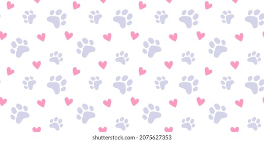 Vector illustration of animal paw print with heart on white color background. Flat style design of seamless pattern with cat paw for web, site, banner, poster, card