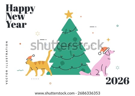 Vector illustration with Animal pets cat and dog wear santa hat near the Christmas tree. Happy New Year postcard concept. Winter holiday party. 
