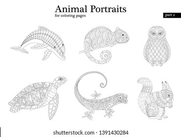 Vector illustration of animal portraits: dolphin, chameleon, owl, turtle, lizard, squirrel. Isolated vector illustration. Coloring page, tattoo, card, poster, t-shirt, print design