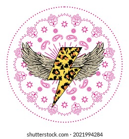 ilustración vectorial de un rayo de impresión animal alas blancas y mandala rosa aisladas en blanco	