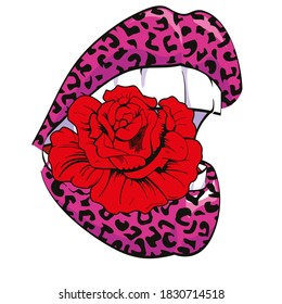Vector illustration of animal print lips biting a pink flower isolated on white. Floral design for t-shirts or posters. 