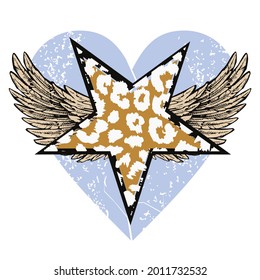 

Vector illustration of a animal print star with wings on a celestial heart. Design for t-shirts, stickers or posters about love.