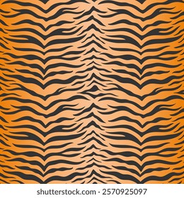 Vector illustration of an animal print of a tiger skin. Black stripes on an orange background. This is a modern texture for clothing, textiles, printing on paper.