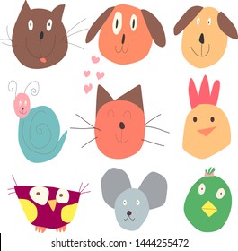 Vector illustration of animal set. Dog, cat, chicken, snail, owl, mouse.