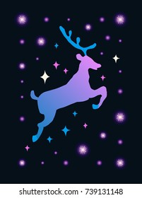 Vector illustration with animal silhouette. Cute polar deer with stars and constellation. Cartoon magic background can be used for New Year and Christmas greeting card, t-shirt print, poster