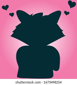 Vector illustration of animal silhouette with love hearts for postcard, wallpaper, cover, background. Dark raccoon silhouette on the pink background for tattoo.
