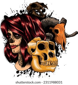 vector illustration of animal skull and woman head