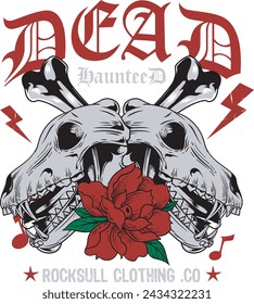 Vector Illustration of Animal Skulls, Bones and Roses with Hand Drawing Style Available for Tshirt Design