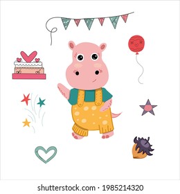 Vector illustration of an animal surrounded by gifts and birthday symbols on an isolated background
