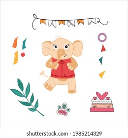 Vector illustration of an animal surrounded by gifts and birthday symbols on an isolated background