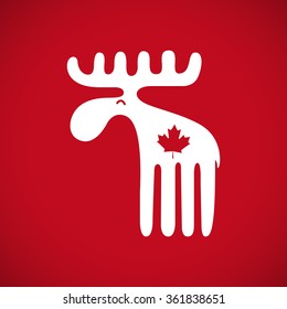 Vector illustration of an animal symbol of Canada white canadian moose with a red maple leaf on red background