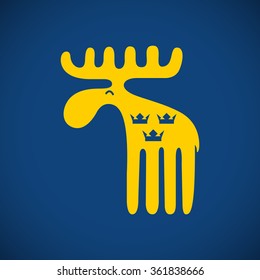 Vector illustration of an animal symbol of Sweden yellow swedish moose with three crowns on a blue background