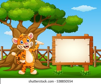 Vector illustration of Animal tiger beside the empty sign board inside the fence