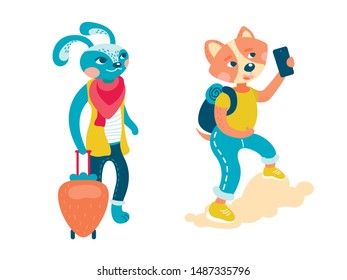 Vector illustration animal travelers, hare, corgi dog, suitcase, taking pictures, backpack, phone