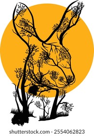 Vector illustration animal trees rabbit and moon isolated on white background