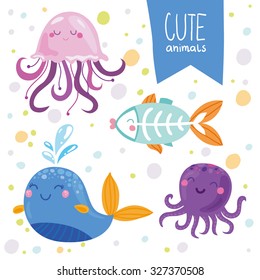 Vector illustration of animal: whale, x-ray fish, octopus, jellyfish