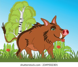 Vector illustration animal wild boar on glade in wood