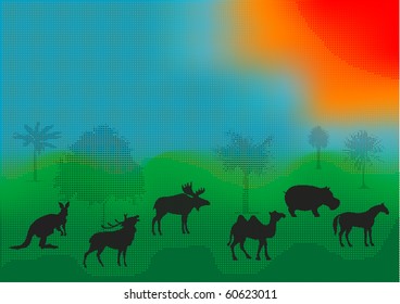 Vector illustration animals in the African savanna with trees
