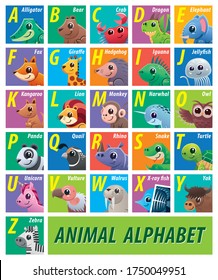 Vector illustration of Animals alphabet for kids. Baby children education. Animal zoo abc alphabet.