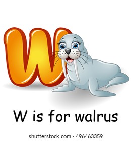 Vector illustration of  Animals alphabet: W is for Walrus 