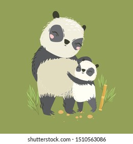 Vector illustration of animals. Big panda mom and baby. Lovely hug. Mother's love. Wild bear