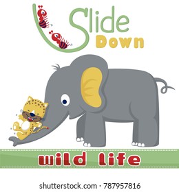 Vector illustration of animals cartoon, cute leopard slide on elephant's trunk, ants slide on letter