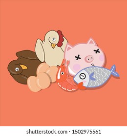 Vector illustration of animals for cooking such as ducks, chickens, eggs, pork, fish and shrimp.
