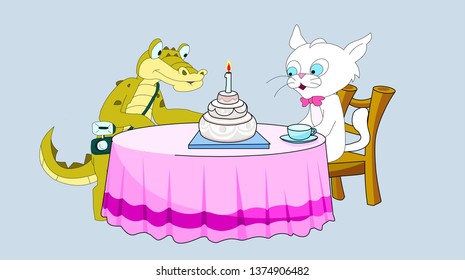 Vector illustration of animals crocodile, cat, cartoon. - Vector