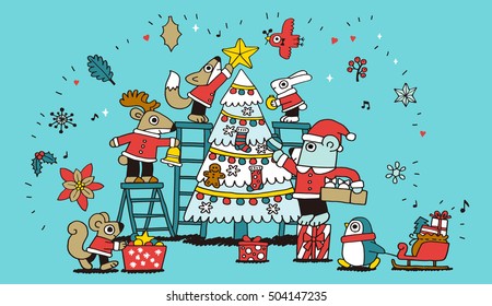 Vector illustration - Animals are decorating christmas tree 