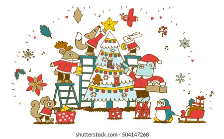 Vector illustration - Animals are decorating christmas tree 