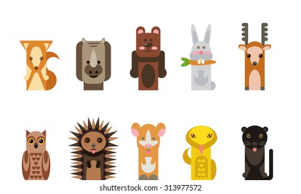 Vector illustration with animals. Different forest animals: rabbit, bear, fox, deer, owl, snake, hamster, panther, rhinoceros, hedgehog.