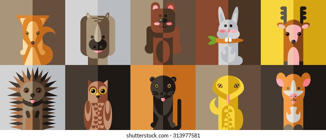 Vector illustration with animals. Different forest animals: rabbit, bear, fox, deer, owl, snake, hamster, panther, rhinoceros, hedgehog.