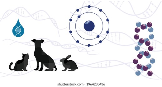 vector illustration of animals and DNA chains, molecules for genetic research of mutations