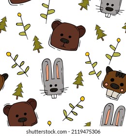 Vector illustration with animals drawn by hand . Hare, bear and beaver on a white background. Seamless texture