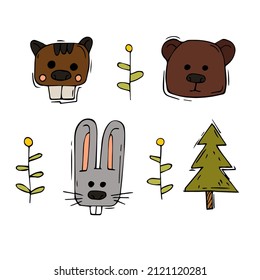 Vector illustration  animals drawn by hand . Hare, bear and beaver on a white background