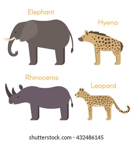 Vector illustration of animals: elephant, hyena, rhinoceros, leopard. Flat style.