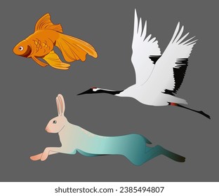 
ilustración vectorial, animales, peces, aves, fauna silvestre, grulla, pez dorado, liebre, pegatinas, imagen, animales salvajes