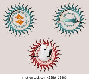 vector illustration, animals, fish, birds, wildlife, crane, goldfish, hare, stickers, picture, wild animals, magical ancient symbols of life, sun, elements, culture, aztecs
