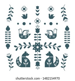 Vector illustration with animals and flower composition. That can be used on the web or in print, for surface design of textiles and other. Scandinavian and Folk art style.