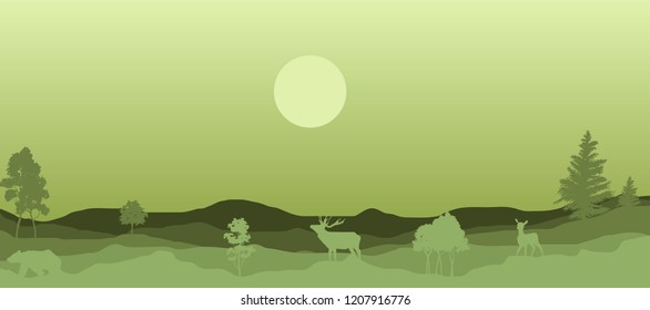 vector illustration of animals and green landscape. elk, deer, bear walking through trees and hills