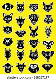 Vector illustration of animals head collection in silhouette mode