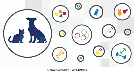 vector illustration of animals icon and different toys for pets interaction 