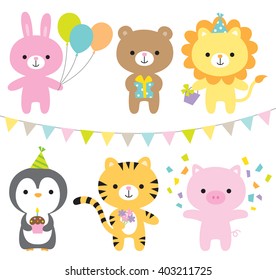 Dibujo vectorial de animales como conejo, oso, león, pingüino, tigre y cerdo en la fiesta.