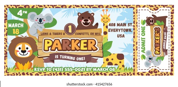 A Vector Illustration Animals In The Jungle. Ticket Ticket Invitation Birthday. Jungle Party.
