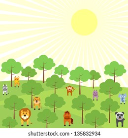 vector illustration of animals in jungle with tree