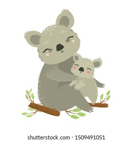 Vector illustration of animals. Koala mom and baby. Lovely hug. Mother's love. Wild bear. Marsupial animal