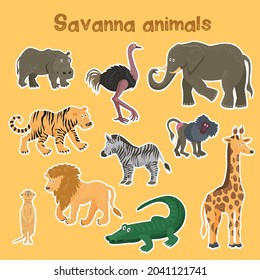 Vector illustration of animals living in Africa. Cute and wild animals. Safari