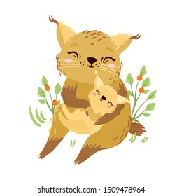 vector illustration of animals. Mom and baby lynx. Feline family. Wild fox animal. Maternal love and hugs